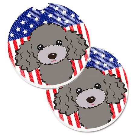 Carolines Treasures American Flag and Silver and Grey Poodle Set of 2 Cup Holder Car Coaster BB2189CARC